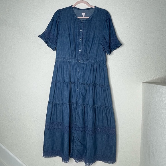 Gap x LoveShackFancy Chambray Tiered Midi Dress Size L Blue Button Down - Picture 1 of 16